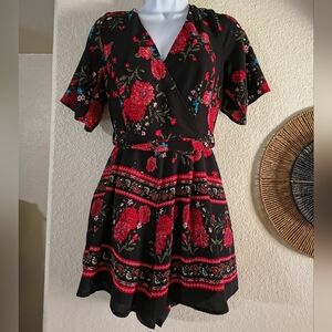 Black Floral Wrap Midi Dress with Red Floral Print